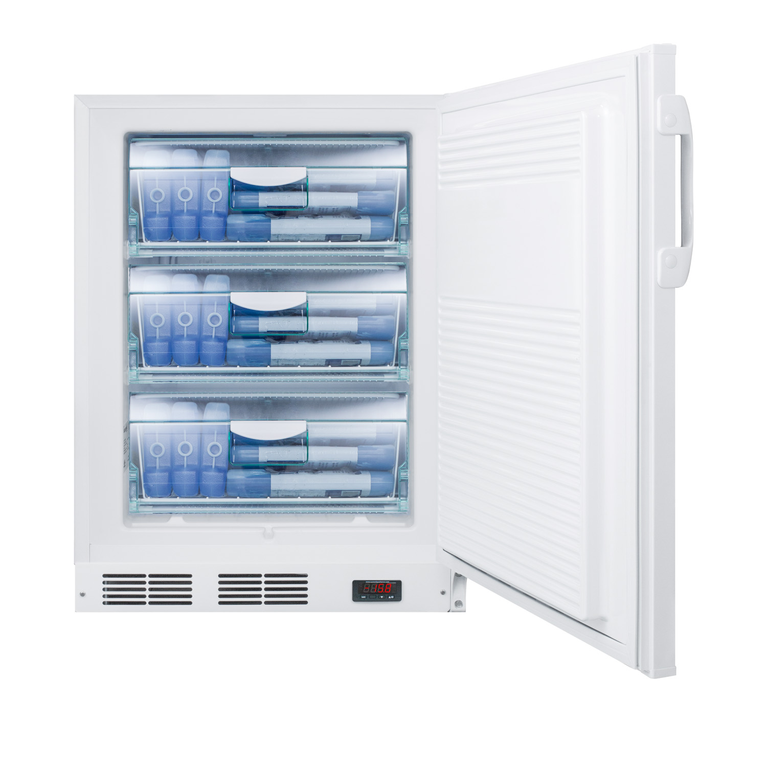 ADA compliant built-in undercounter vaccine all-freezer with digital thermostat, temperature alarm, hospital grade cord, self-closing door, and front lock